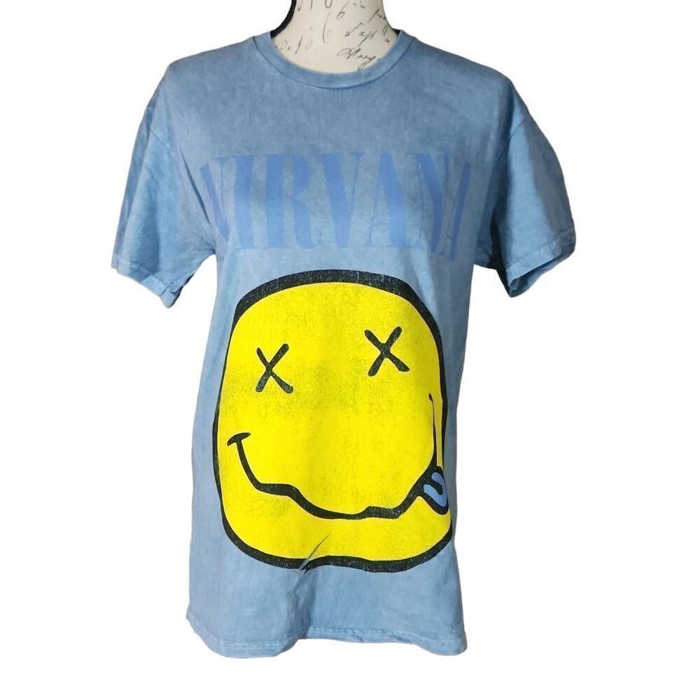 Nirvana UnisexβSize Medium Blue Yellow Smiley Face Short Sleeve T-shirt